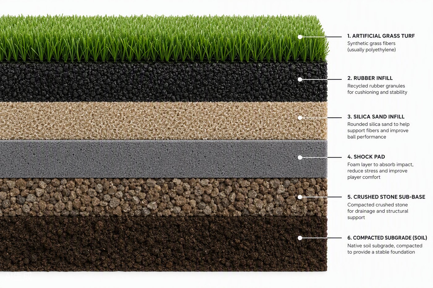 How artificial soccer turf is installed - layered cross section showing grass, rubber infill, silica sand infill, shock pad and crushed stone sub-base