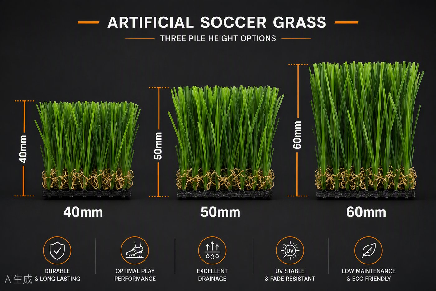 Difference between 40mm, 50mm and 60mm artificial soccer grass pile heights compared side by side