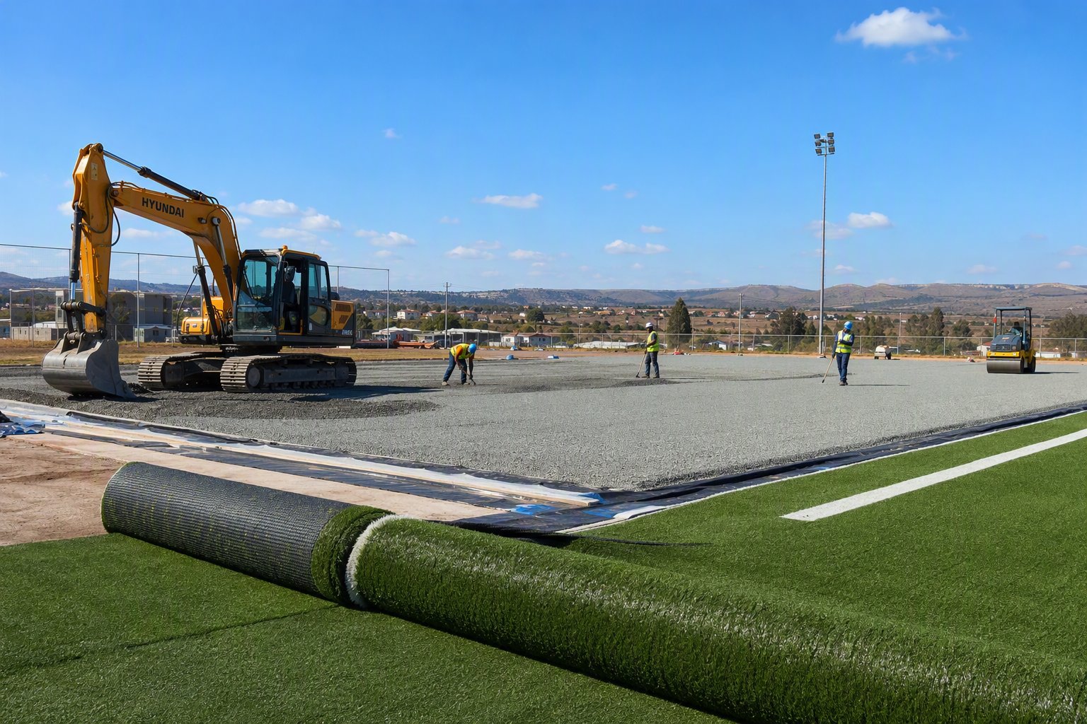 Soccer pitch construction in progress - earthworks and crushed stone base preparation for artificial football turf in South Africa