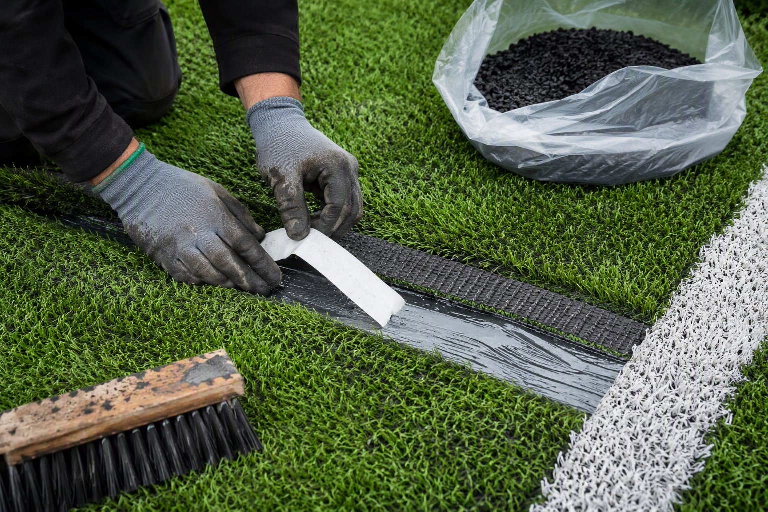 Soccer pitch repairs - technician repairing seam and brushing rubber infill on artificial football turf, South Africa