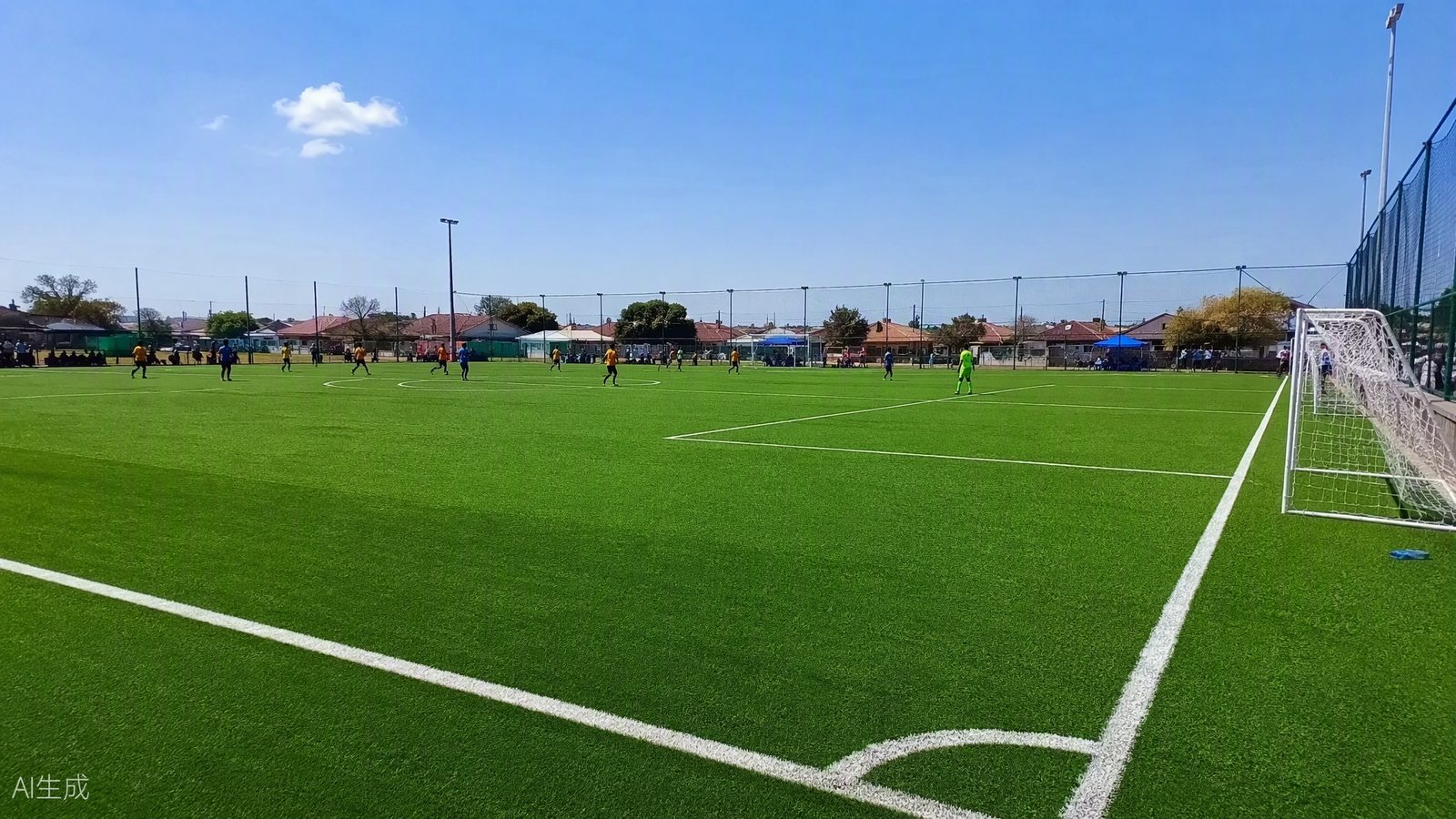 After - the same field transformed with new green artificial soccer grass and crisp white lines