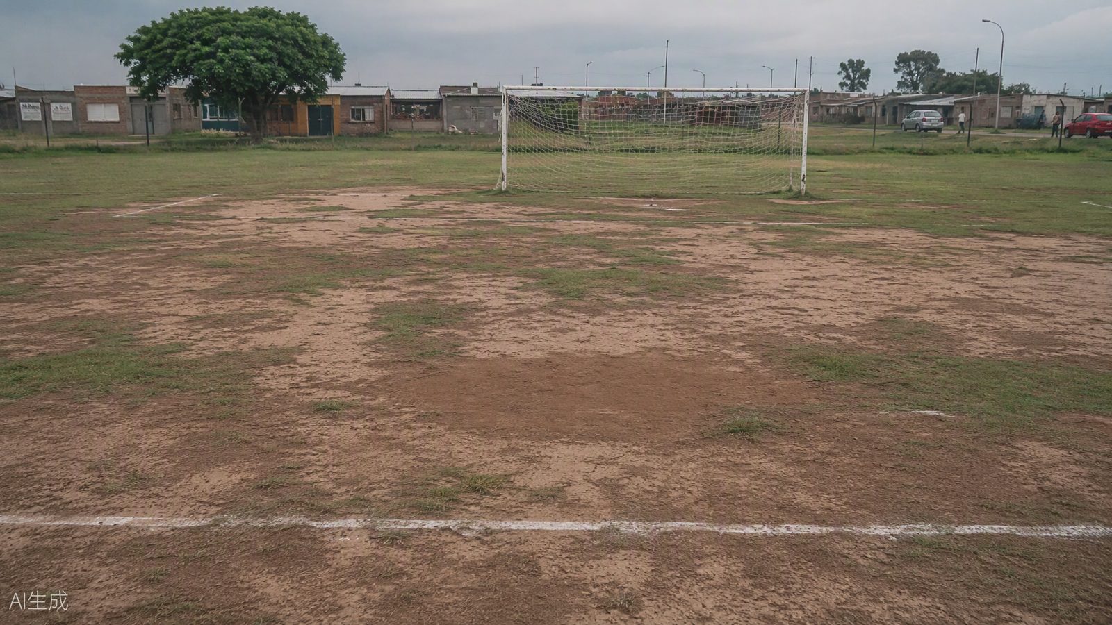 Before - worn out dusty natural grass soccer field with bare patches before artificial turf installation